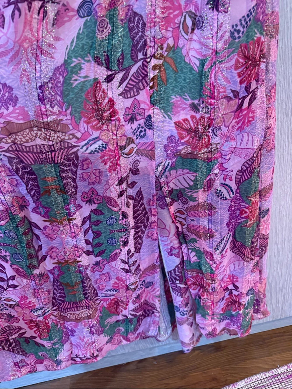 Ciebon Pink Tropical Print Metallic Flutter Cap Sleeve Maxi Dress 1X - Picture 10 of 11